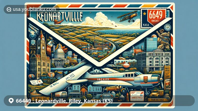 Modern illustration of Leonardville, Kansas, highlighting the postal theme with creatively designed air mail envelope and featuring picturesque landscape reflecting small-town charm and community spirit.