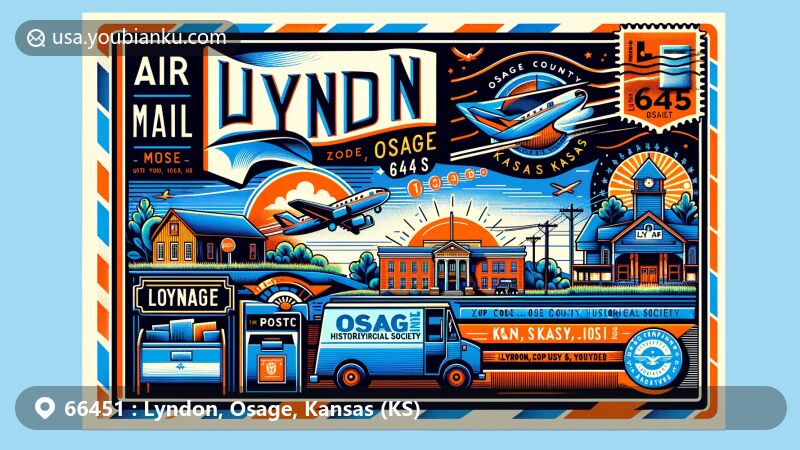 Modern illustration of Lyndon, Osage, Kansas, showcasing postal theme with ZIP code 66451, featuring Osage County Historical Society Museum and postal elements.