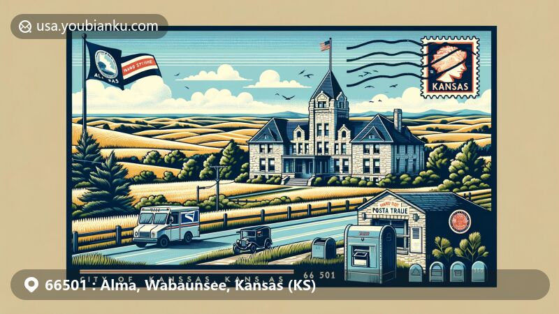 Modern illustration of Alma, Kansas, highlighting postal theme with ZIP code 66501, featuring natural stone building known as 
