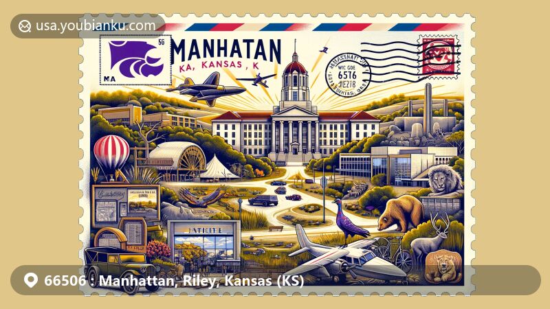 Modern illustration of Manhattan, Kansas, showcasing postal theme with ZIP code 66506, featuring iconic landmarks like Kansas State University, Anderson Hall, Sunset Zoo, Linear Bike Trail, and Flint Hills Discovery Center.
