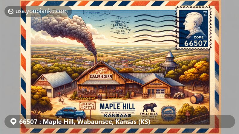 Modern illustration of Maple Hill, Wabaunsee County, Kansas, featuring vintage airmail envelope frame with Flint Hills Smokehouse, senior citizens center, rolling hills, local businesses, maple trees, and Scottish influence.