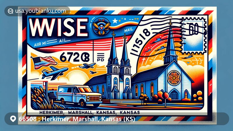 Creative illustration featuring airmail envelope or postcard design with postal code 66508 and silhouette of Zion Lutheran Church representing Herkimer, Kansas, surrounded by typical American postal elements like mailbox and mail truck, along with symbols of Kansas state flag.