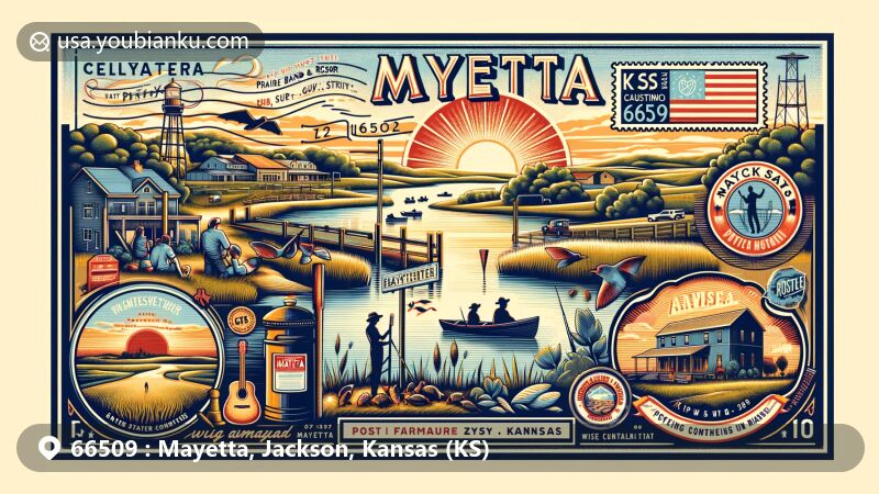Modern illustration of Mayetta, Kansas in Jackson County, highlighting tranquility and natural beauty, featuring outdoor activities like fishing, hiking, and biking, incorporating local symbols like Prairie Band Casino & Resort and Firekeeper Golf Course, set against a backdrop of Kansas' scenic countryside. With postal elements including a Kansas silhouette stamp, 'Mayetta, KS 66509' text, old-fashioned mailbox, and 2024 postmark, inspired by vintage postcards, designed for web use in a creative, modern style.