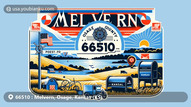 Modern illustration of the Melvern area in Osage County, Kansas, showcasing postal theme with ZIP code 66510, featuring Melvern Lake and Kansas state symbols.