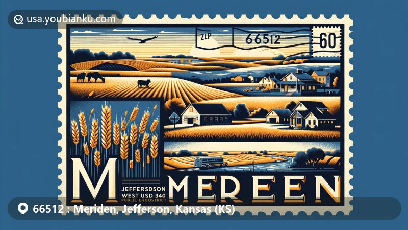 Creative illustration of Meriden, Jefferson County, Kansas, showcasing postal theme with ZIP code 66512, combining rural charm, education symbolism, and Lake Perry landmark.