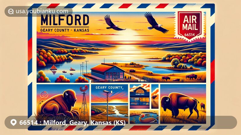 Modern illustration of Milford, Geary County, Kansas, highlighting ZIP code 66514, showcasing Milford Lake, native wildlife like buffalo, Milford Nature Center, and Kansas sunsets.