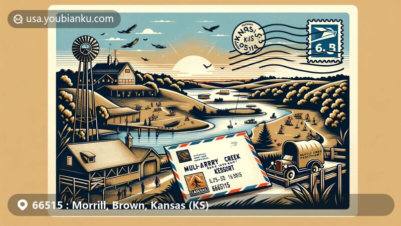 Modern illustration of Morrill, Kansas, showcasing postal theme with ZIP code 66515, featuring Mulberry Creek Resort and local activities like fishing, hiking, and mini golf.