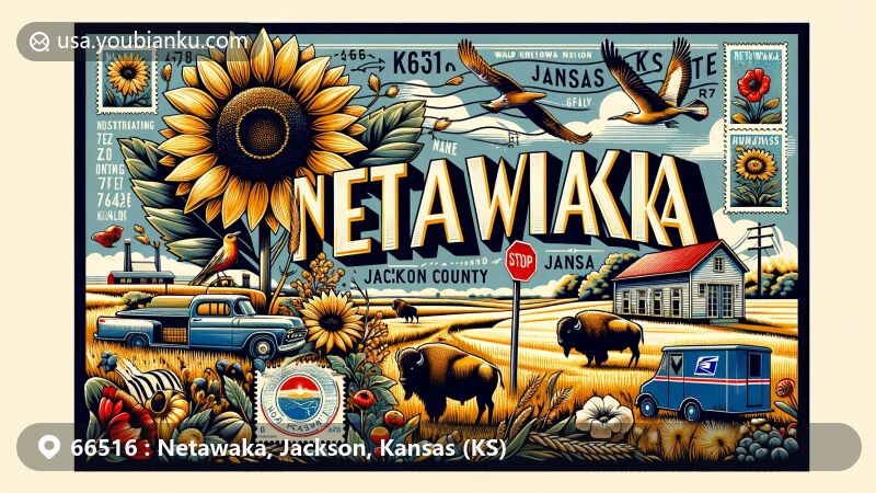 Modern illustration of Netawaka, Kansas, showcasing postal theme with ZIP code 66516, featuring native sunflowers, American bison, and Western Meadowlark, symbolizing the state's natural beauty and wildlife. Includes postal elements like ZIP Code tag, stamps, postmark, and a small mailbox or mail truck, emphasizing the significance of postal communication.