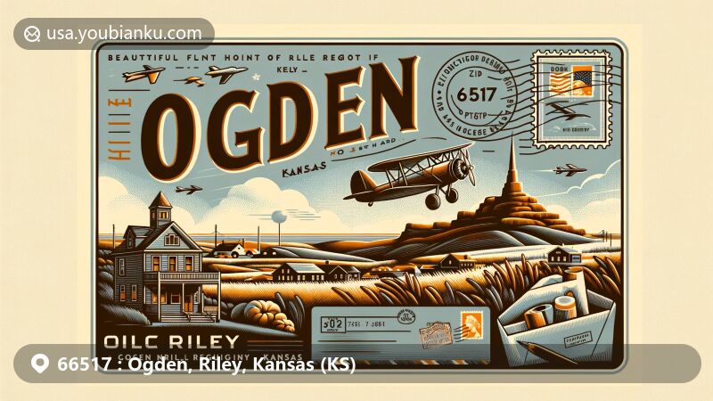Modern illustration of Ogden, Kansas, and Riley County, with ZIP code 66517 at its core, featuring Flint Hills representing natural beauty of Riley County and depiction of tight-knit community symbolizing Ogden's history and community-oriented characteristics. Postcard-style design elements such as airmail envelopes, stamps, and postmarks highlight the ZIP code 66517. Subtle military elements symbolize the significance of Fort Riley in the region, adding a layer of special meaning. This modern illustrated wide image aims to provide visual delight for web pages while conveying the unique charm of Ogden and Riley County.