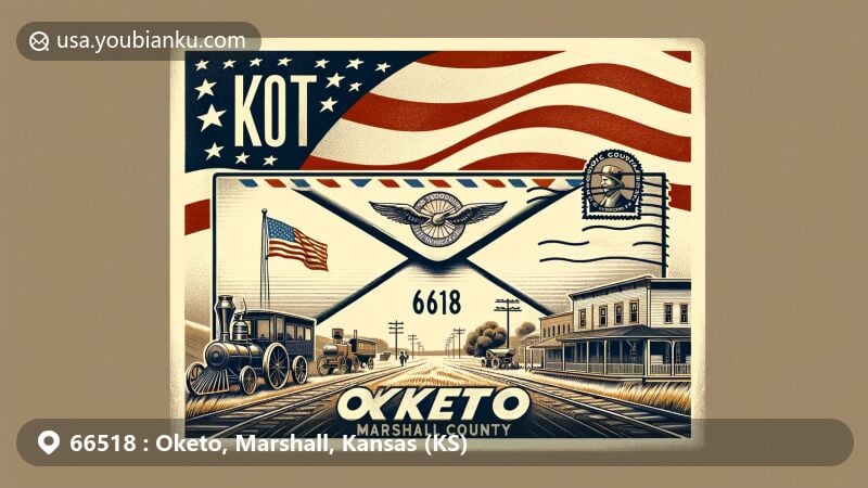 Modern illustration of Oketo, Kansas, highlighting postal theme with ZIP code 66518, featuring vintage air mail envelope and Kansas state flag.