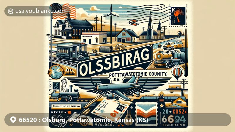 Modern illustration of Olsburg, Pottawatomie County, Kansas, with postal theme showcasing ZIP code 66520, incorporating small-town charm, geographical setting, and iconic Kansas symbols.