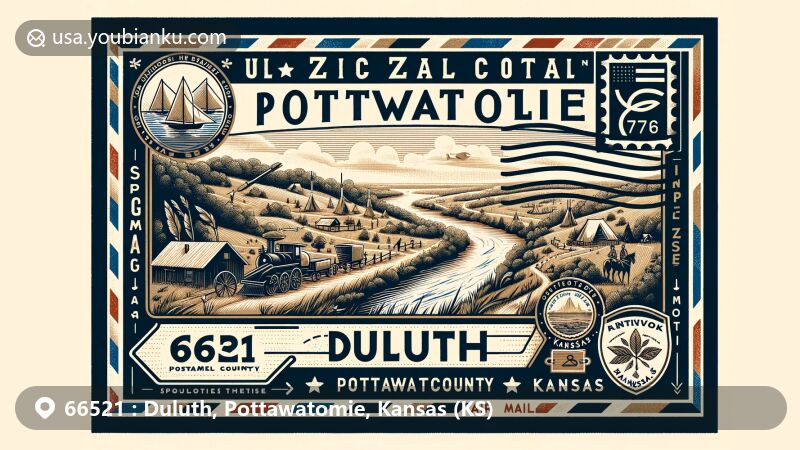 Modern illustration of Duluth, Pottawatomie County, Kansas with postal theme featuring vintage airmail envelope, referencing Oregon Trail passing through the county and its proximity to St. Mary's, Belvue, Louisville, and Westmoreland, as well as natural features like rivers and creeks. Includes Kansas state symbols and symbols representing local Native American history and early settlers, showcasing rich heritage. Postal code '66521' displayed prominently in classic postal font. Retro stamp in top right corner featuring landmark or symbol of Duluth or Pottawatomie County. Design evokes vintage postcard feel, integrating postal theme with local culture and history in a modern illustrative style.