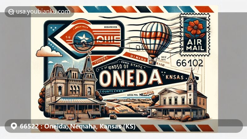Modern illustration of Oneida, Nemaha, Kansas (KS), showcasing postal theme with ZIP code 66522, featuring town's main street and regional symbols.