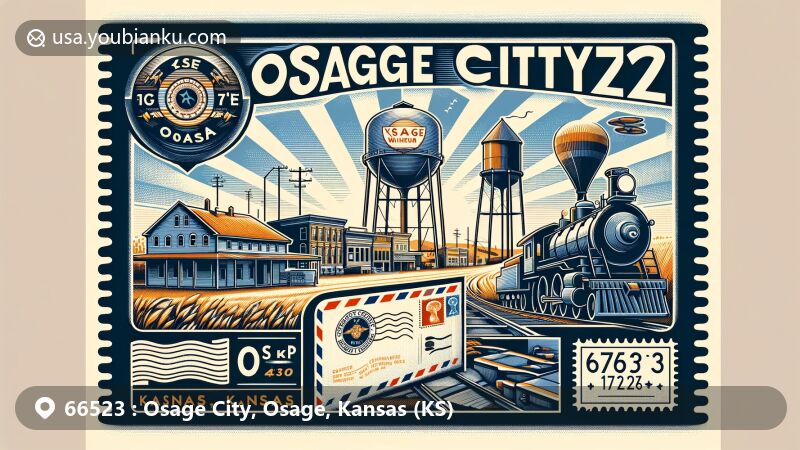 Modern illustration of Osage City, Kansas, highlighting postal theme with ZIP code 66523, featuring Train Museum and Water Tower. Vintage air mail envelope with 'Osage City, KS' and Kansas state symbols.