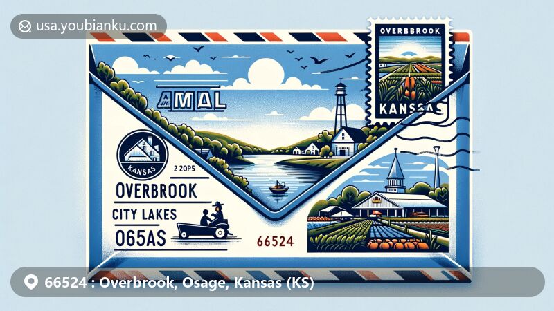 Modern illustration of Overbrook, Kansas, featuring airmail envelope with '66524' ZIP code, showcasing Overbrook City Lake and fictional stamp of Overbrook Farmers Market.