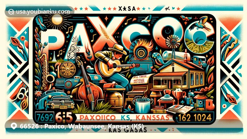 Modern illustration of Paxico, Kansas, showcasing cultural and geographical identity with a focus on the annual Paxico Blues Festival, Flint Hills backdrop, and antique elements like Mill Creek Antiques.