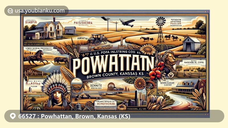 Modern illustration of Powhattan, Brown County, Kansas, portraying the small, rural community vibe with a population of 69, encapsulating local history, including the Lewis and Clark expedition, the Kansas-Nebraska Act, and Civil War battles, featuring Sac & Fox Casino and the natural landscape of northeastern Kansas.