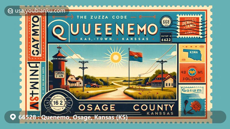 Modern illustration of Quenemo, Osage County, Kansas, featuring Pomona State Park, Kansas state flag, Osage County map, and classic postal theme with ZIP code 66528.
