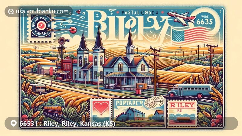 Modern illustration of Riley, Kansas, postal code 66531, blending postal elements with regional charm, featuring air mail envelope, stamps, and 'Riley, KS 66531' postmark, with subtle nods to Kansas' agricultural heritage.