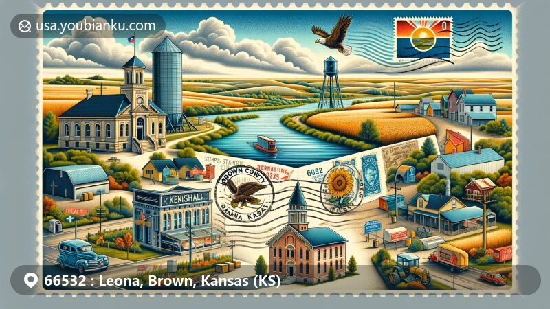 Modern illustration of Leona, Brown County, Kansas, showcasing rural charm and history, featuring Wolf River scenery on a vintage oversized postcard or envelope. Highlights the river's significance to the town's geography and history. Surrounding iconic symbols include historic school mentioned in early education, grain silo built in the 1880s, and active Methodist church, representing community resilience and continuity. Background depicts typical wide flat Kansas landscape with vast skies and agricultural elements. Incorporates postal heritage elements such as vintage stamp with Kansas state flag, postal cancellation with ZIP code '66532', and classic postal imagery like mailbag, horse-drawn mail carriage, and antique mailbox. This modern illustration seamlessly blends town's historical aspects and postal heritage, ensuring 'Leona, KS 66532' text elegantly integrated into the design, perfect for web usage.