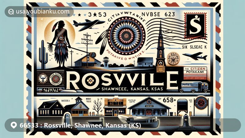 Modern illustration of Rossville, Shawnee, Kansas, combining Potawatomi heritage and postal themes, showcasing ZIP code 66533 and Citizen Potawatomi Nation symbols.