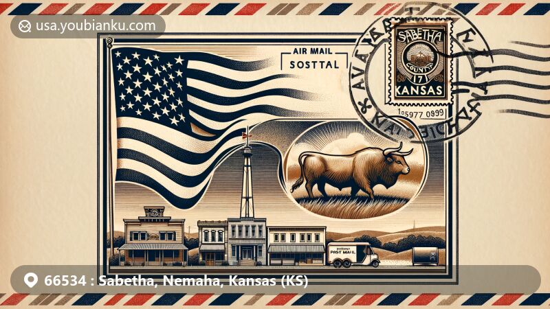 Modern illustration of Sabetha, Nemaha County, Kansas, capturing postal theme with ZIP code 66534, featuring Kansas state flag, Nemaha County outline, iconic cow symbol, and vintage postal elements.