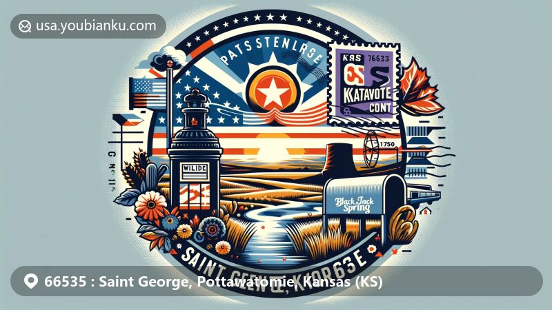 Modern illustration of Saint George, Kansas, with Kansas state flag, Pottawatomie County silhouette, Black Jack Spring landmark, vintage postcard, stamp, postmark, and mailbox, highlighting postal theme with ZIP code 66535.