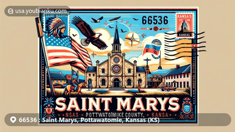 Modern illustration of Saint Marys, Pottawatomie County, Kansas, with postal themes and St. Mary's Mission as the focal point, showcasing the city's history and connection with the Potawatomi community.
