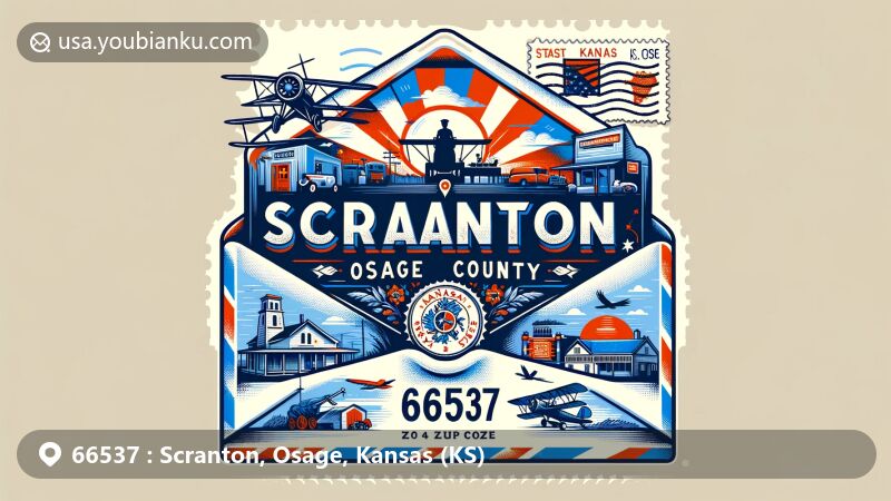 Modern illustration of Scranton, Osage County, Kansas, featuring airmail envelope with ZIP code 66537, Kansas state flag, Osage County silhouette, and cultural symbols.
