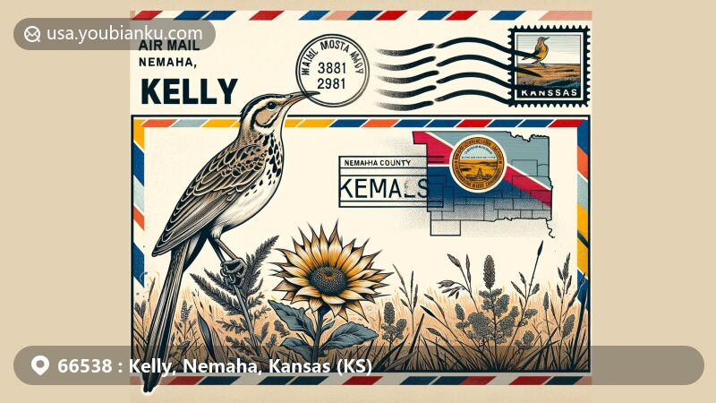 Modern illustration of the Kelly area, Nemaha County, Kansas, featuring a creative air mail envelope design with Nemaha County outline, Kansas state flag, Western Meadowlark, Wild Native Sunflower, Cottonwood tree, and ZIP code 66538.