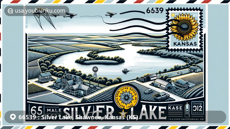 Modern illustration of Silver Lake, Shawnee County, Kansas, focusing on ZIP code 66539 with creative postal theme, incorporating Kansas state symbols like sunflower and buffalo.