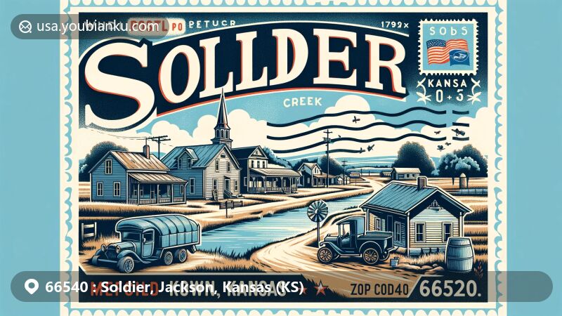 Modern illustration of Soldier, Kansas, 66540, highlighting the peaceful Soldier Creek, stylized buildings, and wide open spaces, in a vintage postcard format with postal elements.