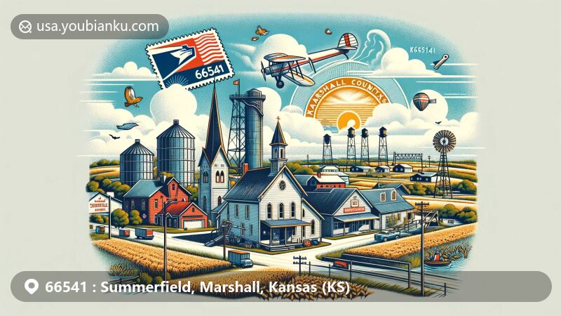 Modern illustration of Summerfield, Marshall County, Kansas, highlighting postal theme with ZIP code 66541, featuring grain elevators, farmland, Holy Family Catholic Church, vintage air mail envelope, postage stamp, postal mark, and Kansas state symbols.