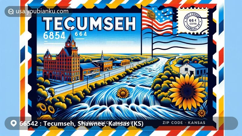 Modern illustration of Tecumseh, Kansas, featuring ZIP code 66542 and Shawnee County, designed as an air mail envelope with a stylized map, highlighting its location along the Kansas River. Includes elements of Bleeding Kansas history, a courthouse, and symbolic Kansas representations.