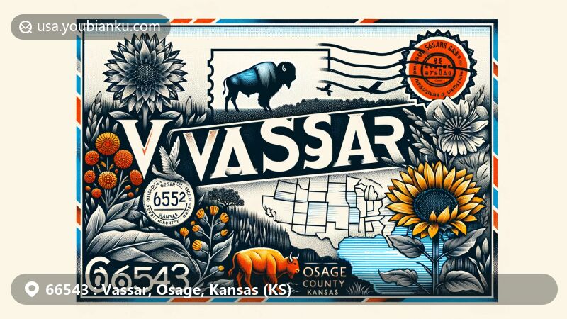 Illustration showcasing postal theme with vintage airmail envelope featuring Kansas symbols - sunflower, American Buffalo, Pomona Lake, and Vassar's location in Osage County.
