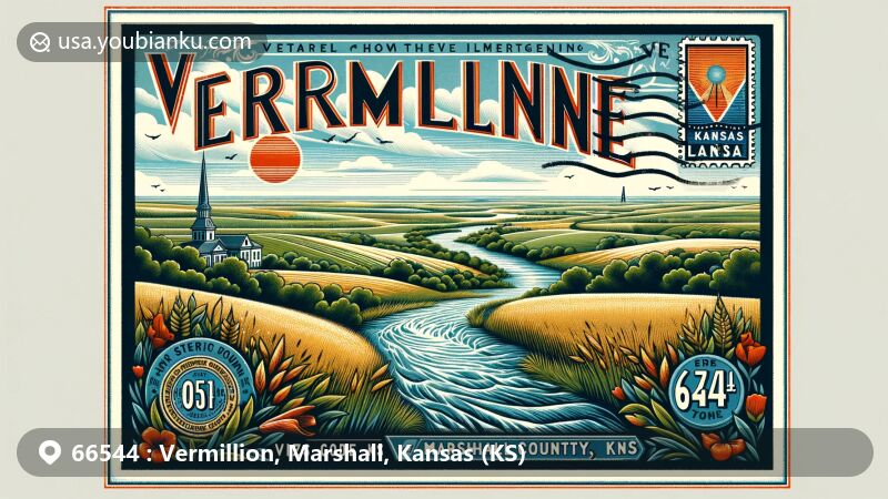 Modern illustration of Vermillion, Marshall County, Kansas, displaying postal theme with ZIP code 66544, featuring prairies, Black Vermillion River, vintage postal card, Kansas state flag, and postmark.