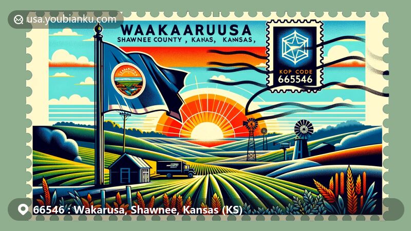 Modern illustration of Wakarusa, Shawnee County, Kansas, featuring postal theme with ZIP code 66546, showcasing Kansas state flag, Shawnee County outline, and symbols of Wakarusa War.