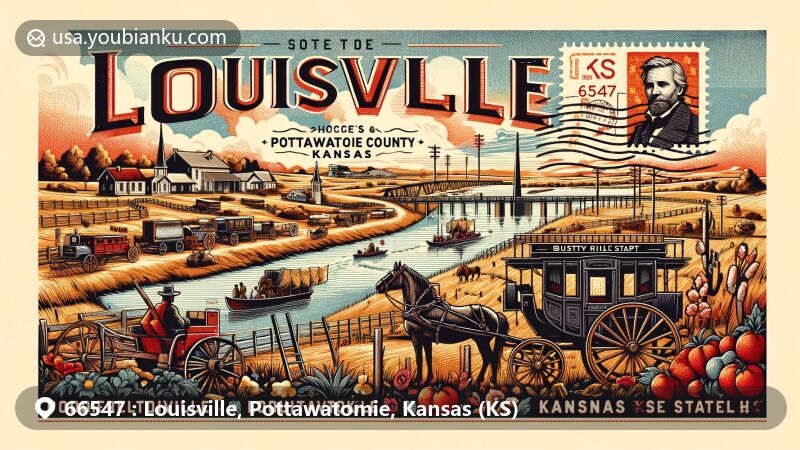 Modern illustration of Louisville, Pottawatomie County, Kansas (KS), showcasing postal theme with ZIP code 66547, featuring stagecoach stop on the Smoky Hill Trail, Louisville Bridge and Ferry Company, Kansas River, vintage stagecoach, Butterfield Overland Despatch, old church, and postal elements.