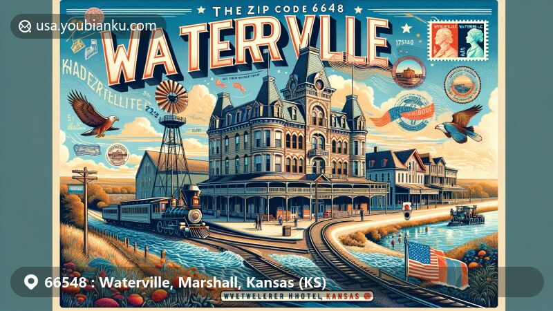 Modern illustration of Waterville, Kansas, showcasing ZIP code 66548, featuring Weaver Hotel and Opera House, vintage postcard format, Kansas state flag, Victorian homes, and Central Branch Railroad.