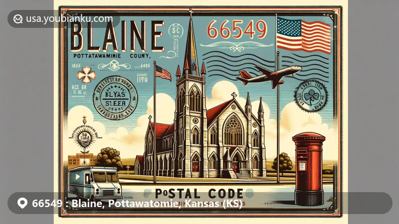 Modern illustration of Blaine, Pottawatomie County, Kansas, featuring St. Columbkille Catholic Church in gothic-style architecture, vintage postcard backdrop, and Kansas state flag, with prominent display of ZIP code 66549.