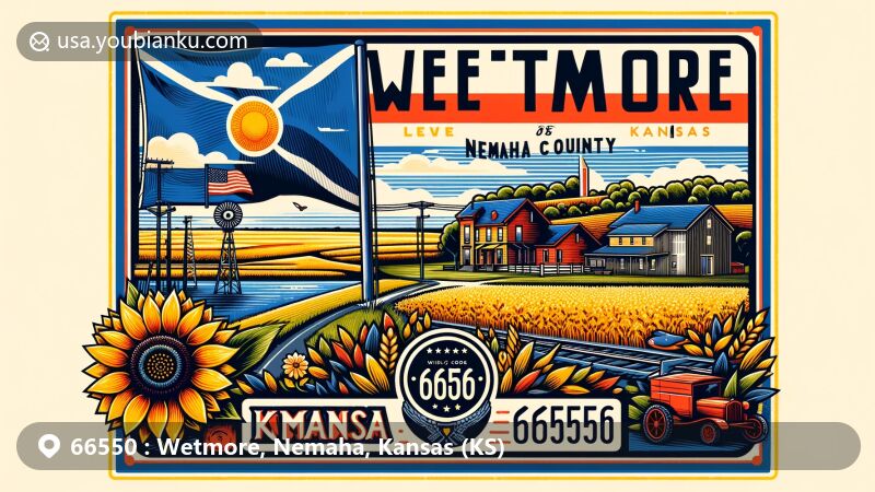 Modern illustration of Wetmore, showcasing postal theme with ZIP code 66550.