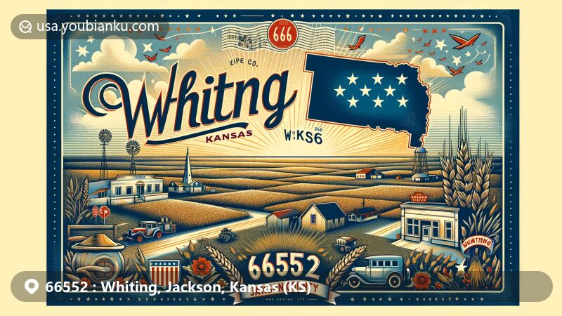 Modern illustration of Whiting, Kansas, showcasing postal theme with ZIP code 66552, featuring vintage postcard design with Kansas state flag, Jackson County outline, and symbols of rural life.