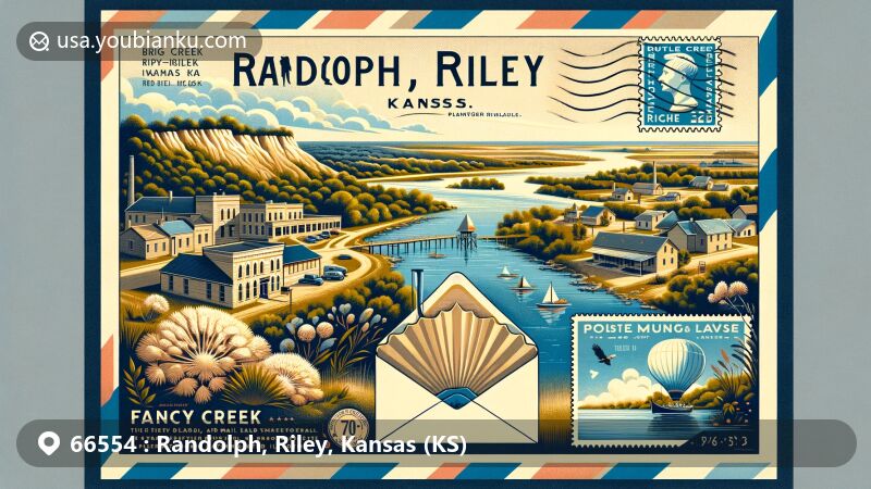 Modern illustration of Randolph, Riley County, Kansas, capturing the essence of Fancy Creek, Big Blue River Valley, and early Swedish and German immigrant influence, reflecting the region's humid subtropical climate and postal theme with vintage air mail envelope showcasing ZIP code 66554.