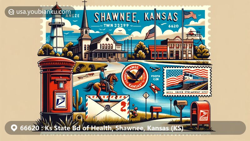 Modern illustration of Shawnee, Kansas, blending iconic landmarks like Shawnee Town 1929 Museum, Shawnee Indian Mission State Historic Site, and Mill Creek Streamway Park with postal symbols such as vintage airmail envelope, landmark stamps, ZIP code 66620, and red mailbox.