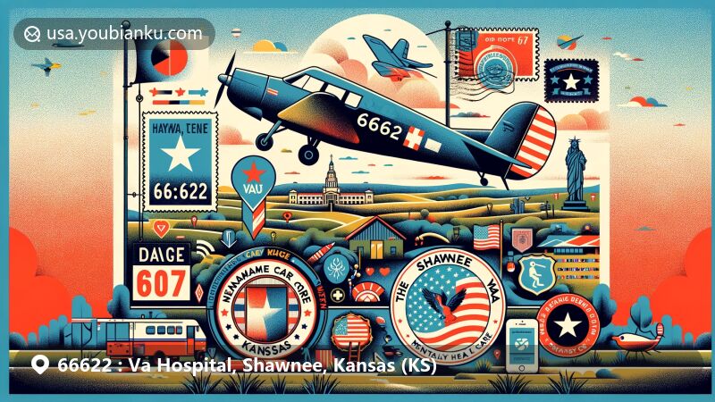Modern illustration of Shawnee, Kansas, featuring ZIP code 66622, showcasing Shawnee VA Clinic with health services like mental health care, dermatology, orthopedics, and primary care, along with Kansas state symbols and postal communication elements.