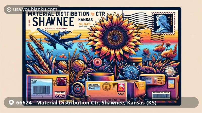 Modern illustration of Material Distribution Ctr, Shawnee, Kansas, featuring a creative postcard design with ZIP code 66624, incorporating native sunflower and great seal of Kansas.