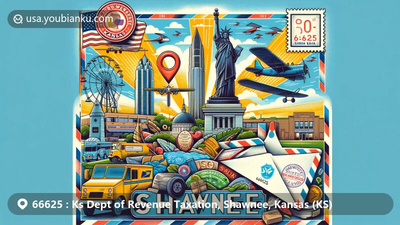 Modern illustration of Ks Dept of Revenue Taxation, Shawnee, Kansas (KS), highlighting key landmarks like Shawnee Mission Park, Wonderscope Children's Museum, and Hands of Freedom Monument. Design incorporates a vintage airmail envelope motif with Kansas state flag stamp, postal rubber stamp with ZIP code '66625', and mail delivery truck.