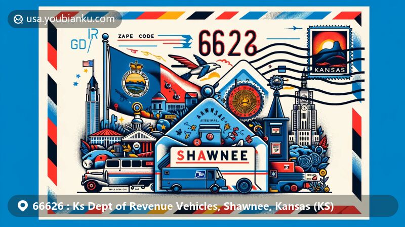 Modern illustration of ZIP Code 66626 area in Shawnee, Kansas, designed as a wide-format airmail envelope with focus on Kansas Department of Revenue Vehicles and state symbols.