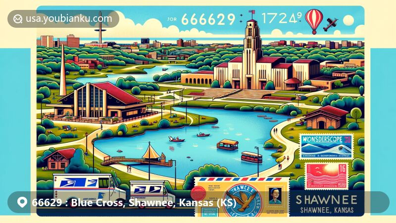 Modern illustration of Blue Cross, Shawnee, Kansas, highlighting ZIP code 66629, with landmarks like Shawnee Mission Park, Aztec Shawnee Theater, and Wonderscope Children's Museum, featuring postal elements and vibrant local culture.