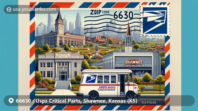 Colorful illustration representing Shawnee, Kansas, ZIP code 66630, focusing on USPS Critical Parts and local landmarks, with a vintage postal theme.